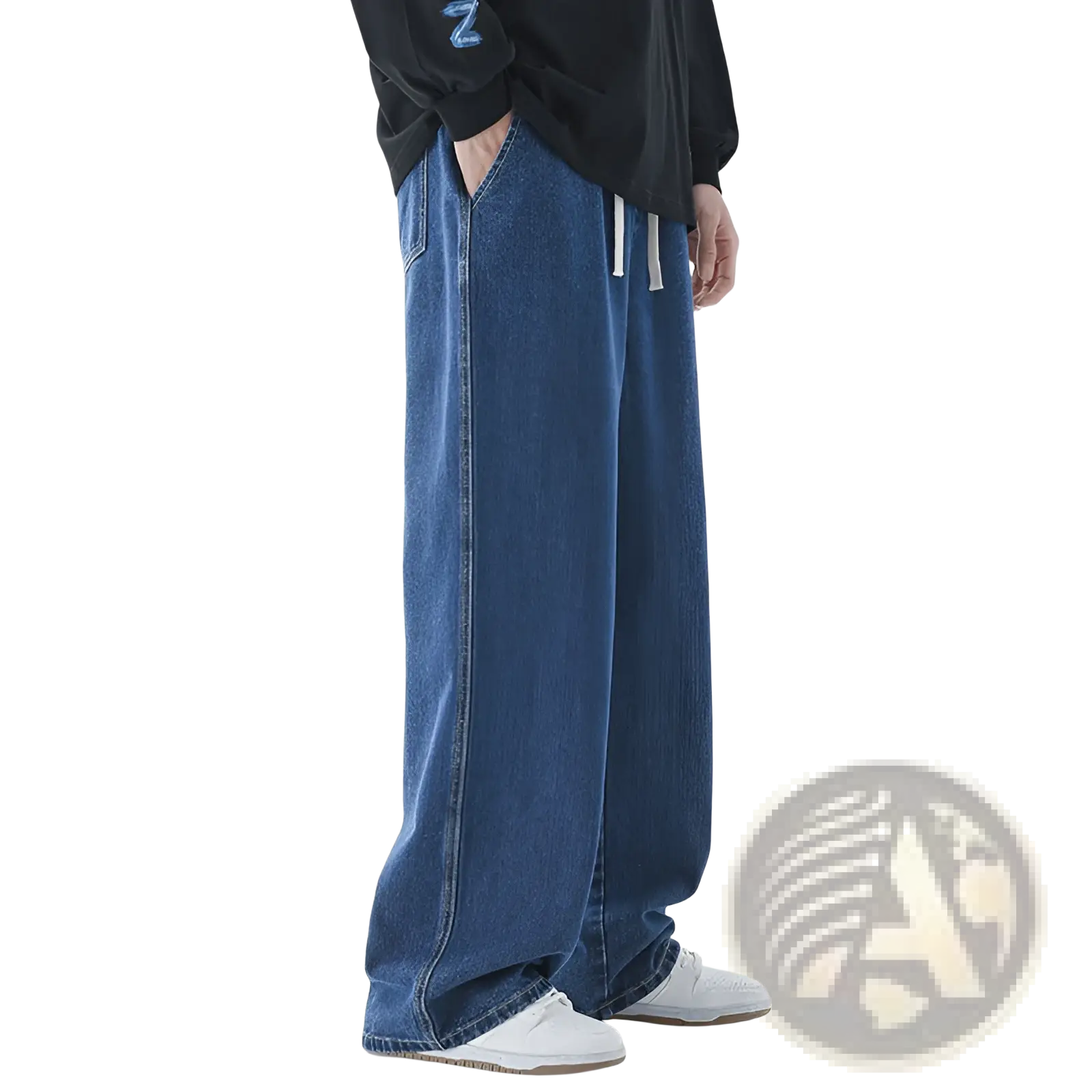 Men’s relaxed fit wide leg blue denim jeans with white drawstrings and a comfortable casual style