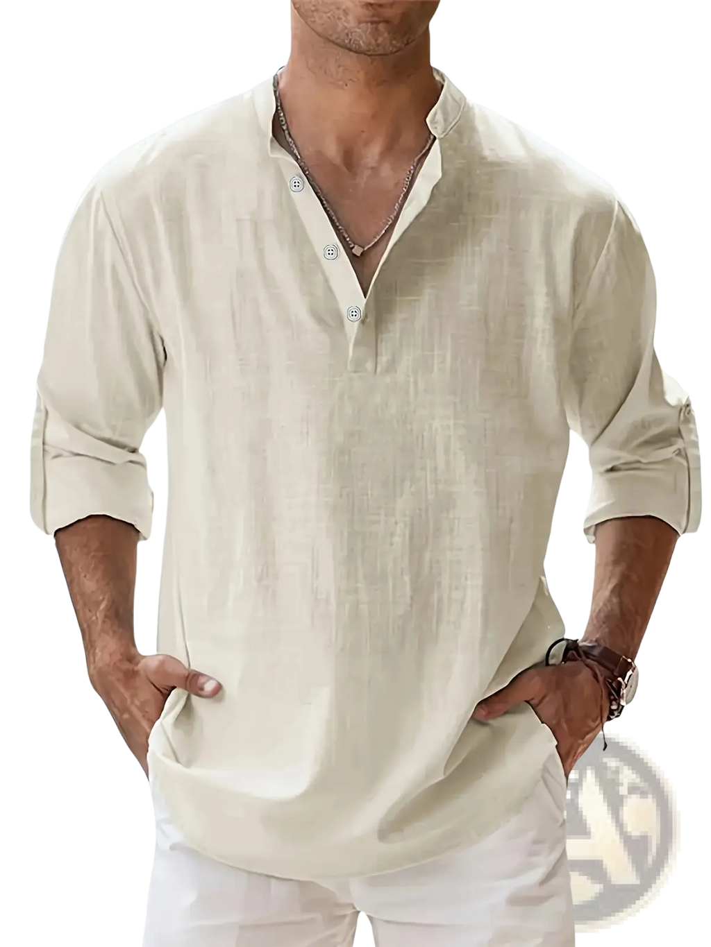 Beige men’s relaxed fit lightweight cotton and linen button-down shirt with rolled sleeves and subtle textured weave
