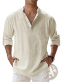 Beige men’s relaxed fit lightweight cotton and linen button-down shirt with rolled sleeves and subtle textured weave