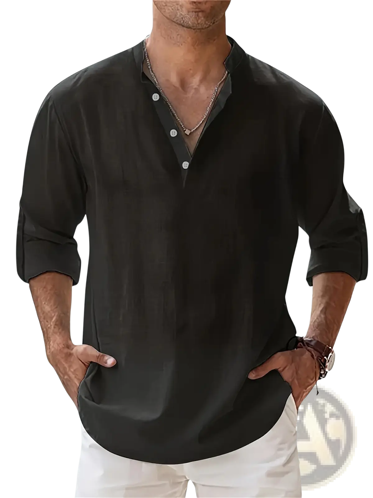Men’s relaxed fit black cotton and linen button-up shirt with lightweight fabric and rolled sleeves