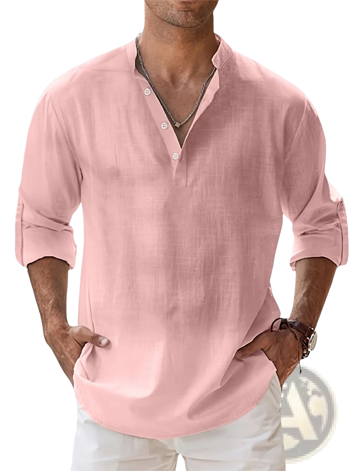 Men’s relaxed fit lightweight cotton and linen shirt in light pink with long sleeves and rolled cuffs