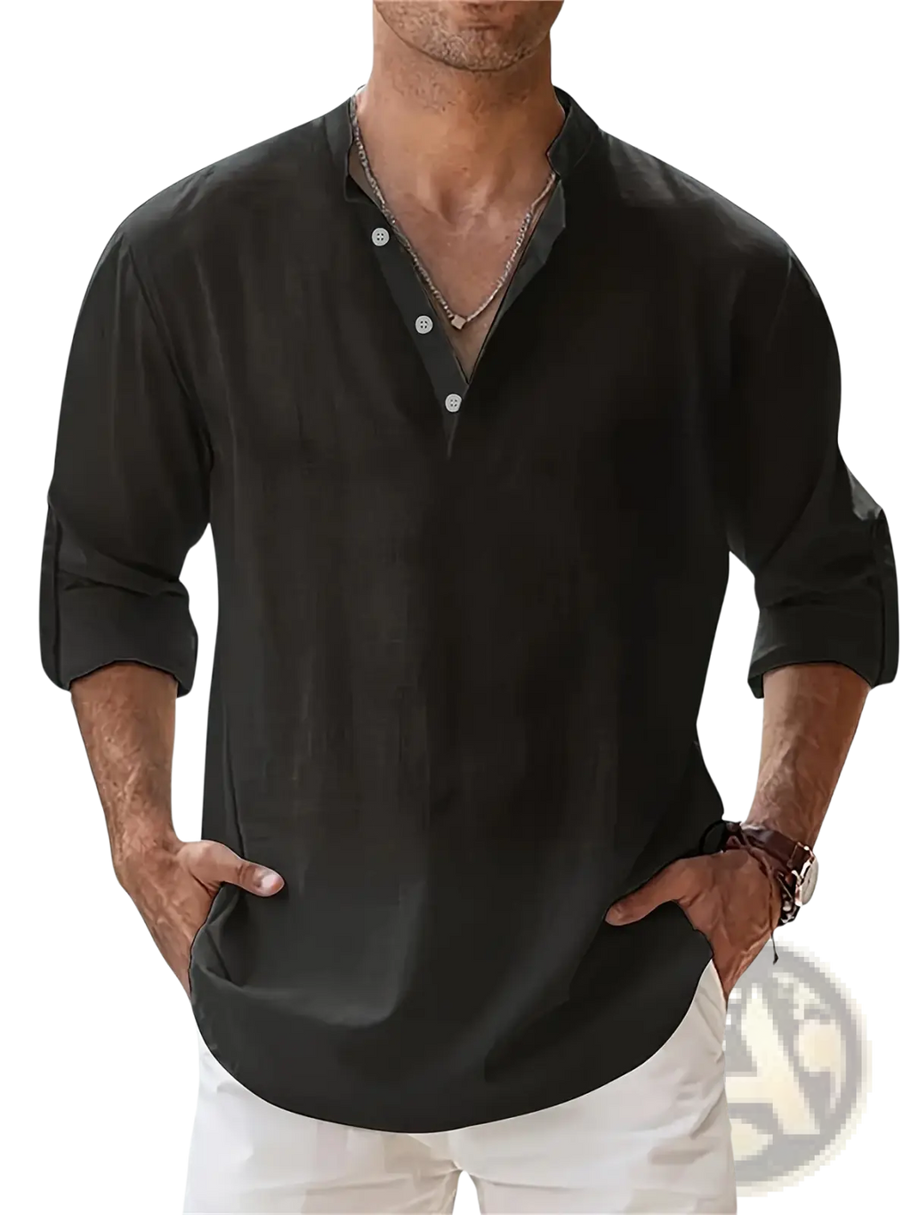 Black lightweight cotton and linen men’s button-up shirt with rolled sleeves and relaxed fit