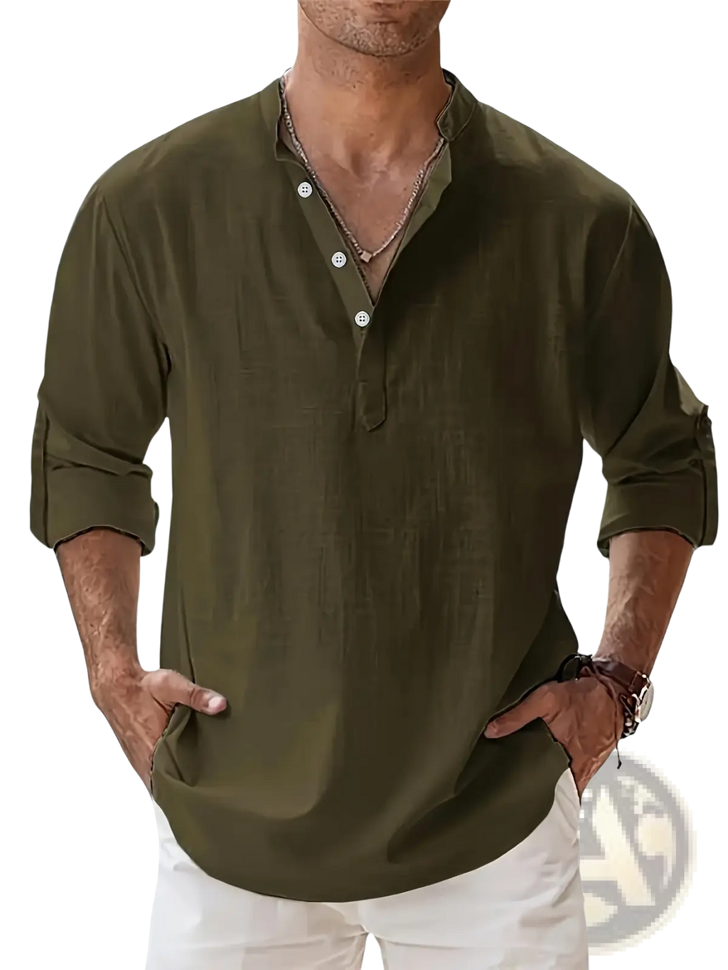Men’s olive green relaxed fit lightweight cotton and linen shirt with long sleeves and rolled cuffs