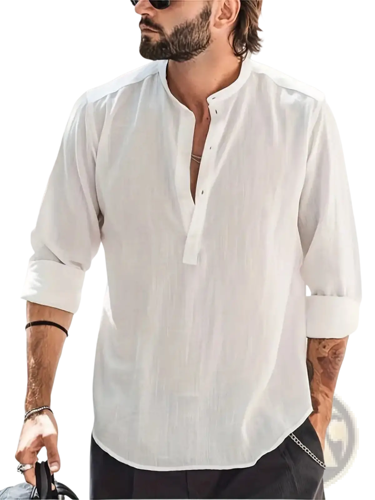 White linen button-down shirt with rolled sleeves and mandarin collar in a men’s relaxed fit cotton and linen blend