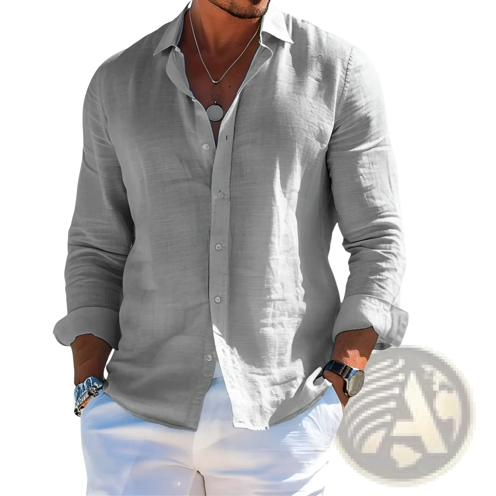 Men’s relaxed fit light gray linen button down shirt with rolled up sleeves for casual wear