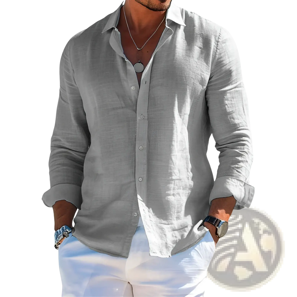 Men’s relaxed fit light gray linen button down shirt with long sleeves and textured fabric