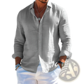Men’s relaxed fit light gray linen button down shirt with long sleeves and textured fabric