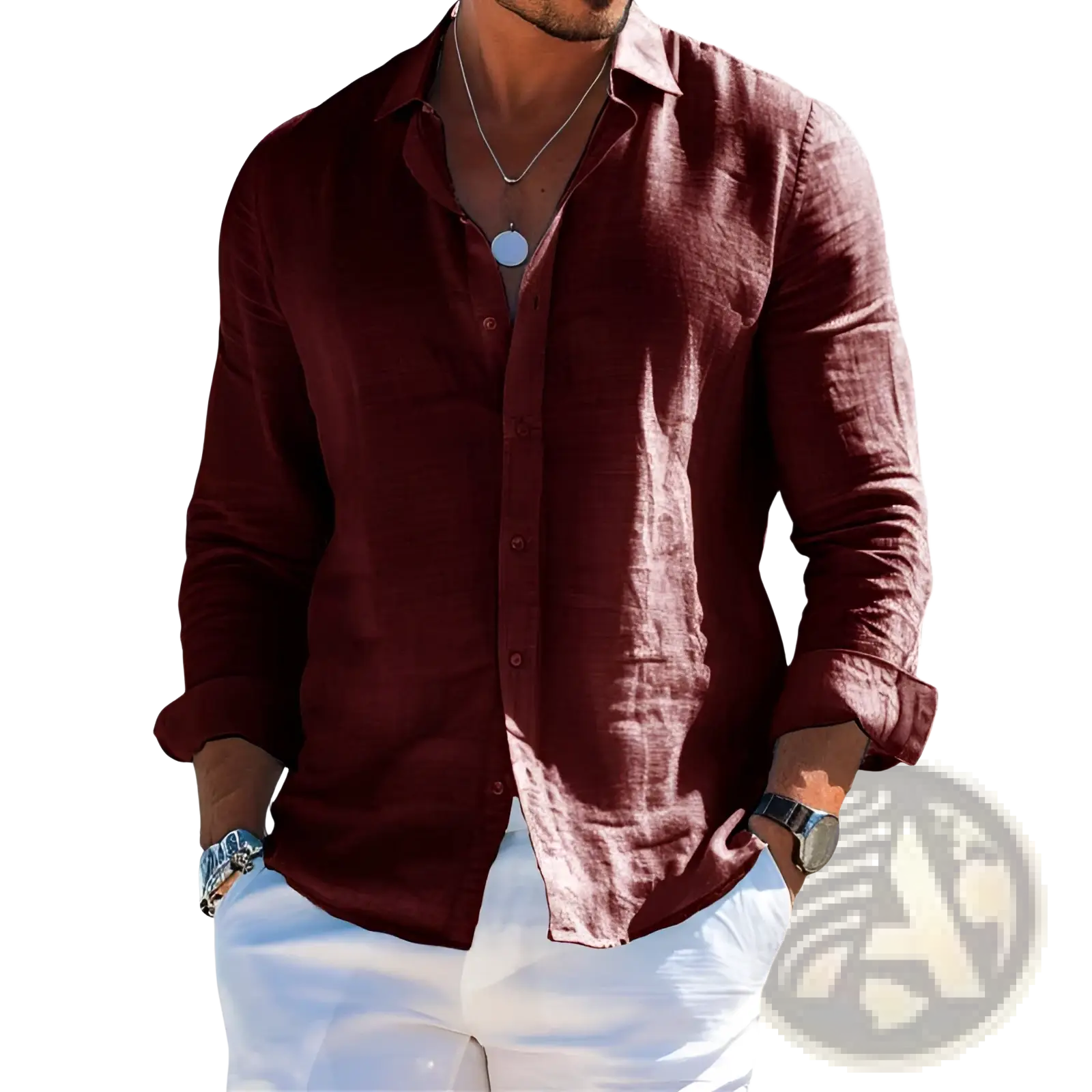 A men’s relaxed fit long-sleeved button-down shirt in deep maroon textured linen with rolled cuffs and collar