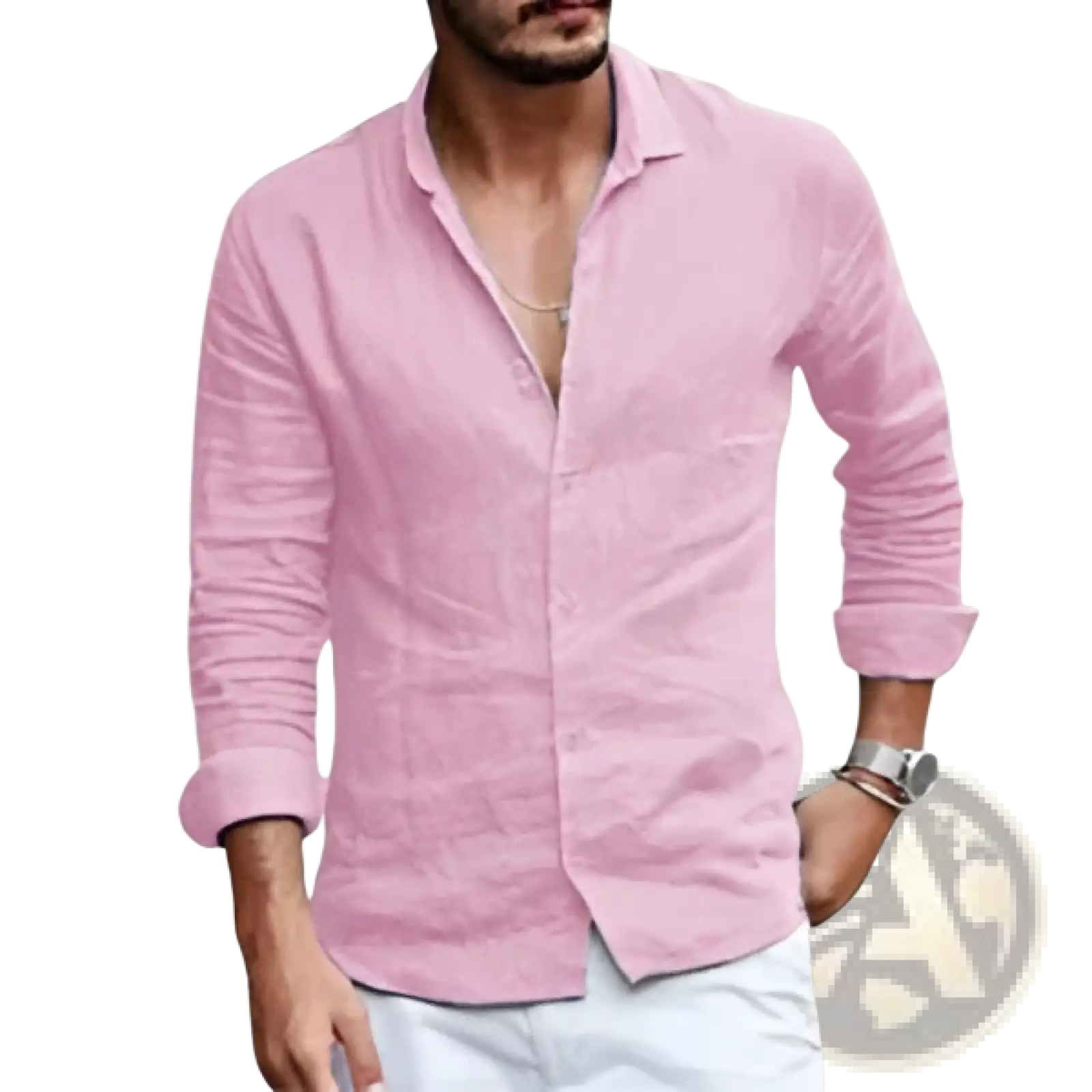 A man wearing a light pink relaxed fit linen button down shirt with rolled cuffs and subtle vertical stitching