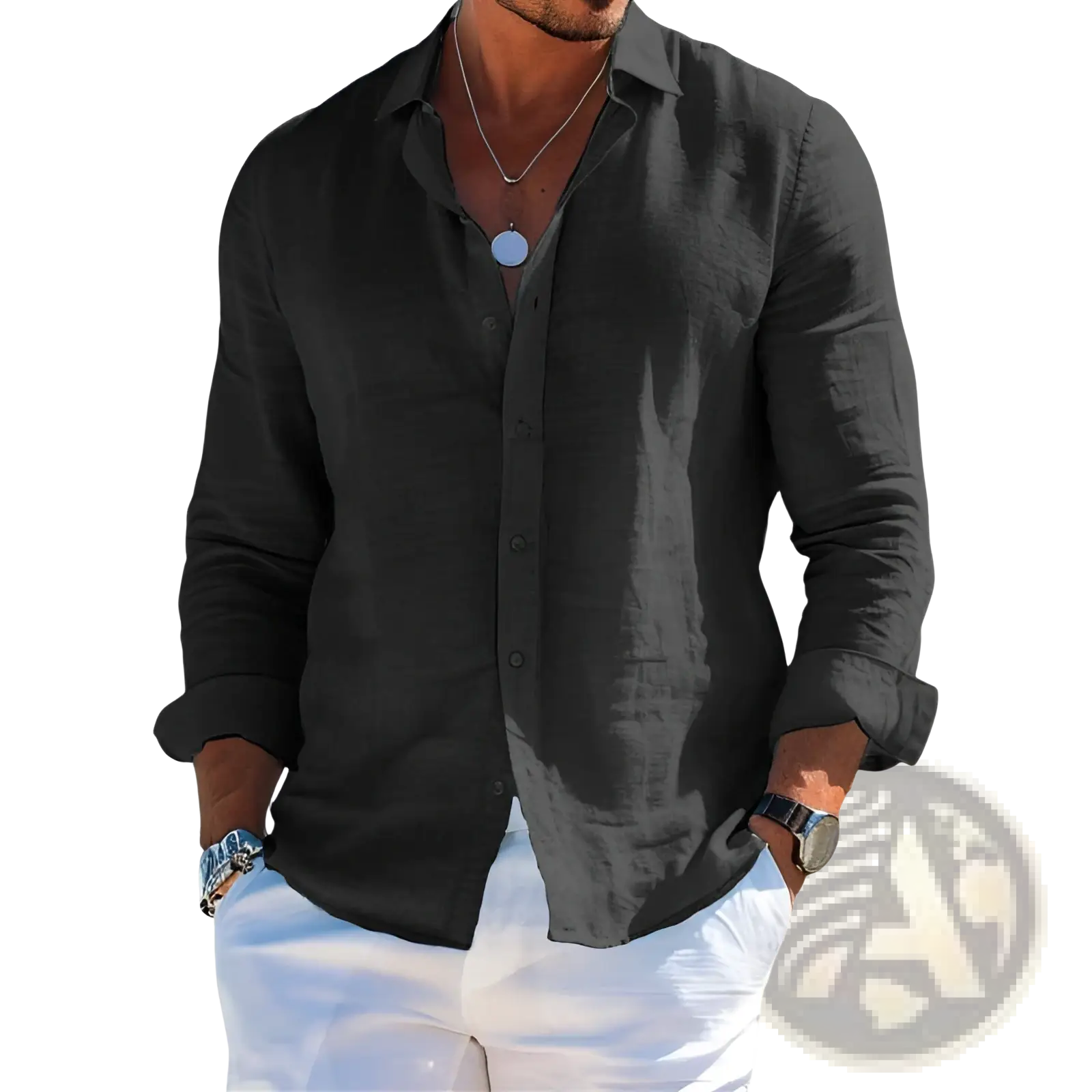 Men’s black relaxed fit linen button down shirt with long sleeves and rolled cuffs