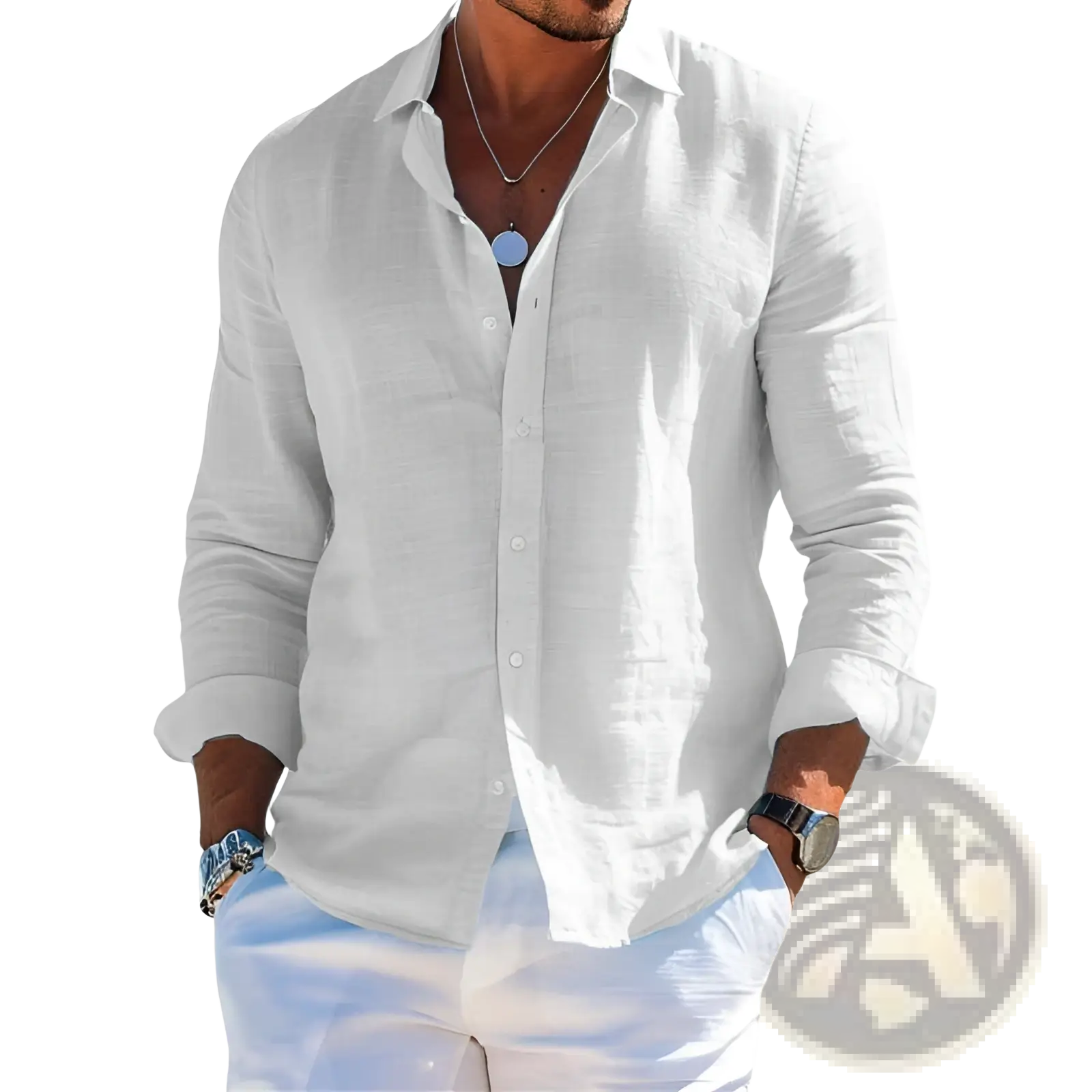 Men’s relaxed fit white linen button down shirt with rolled up sleeves ideal for casual and warm weather wear