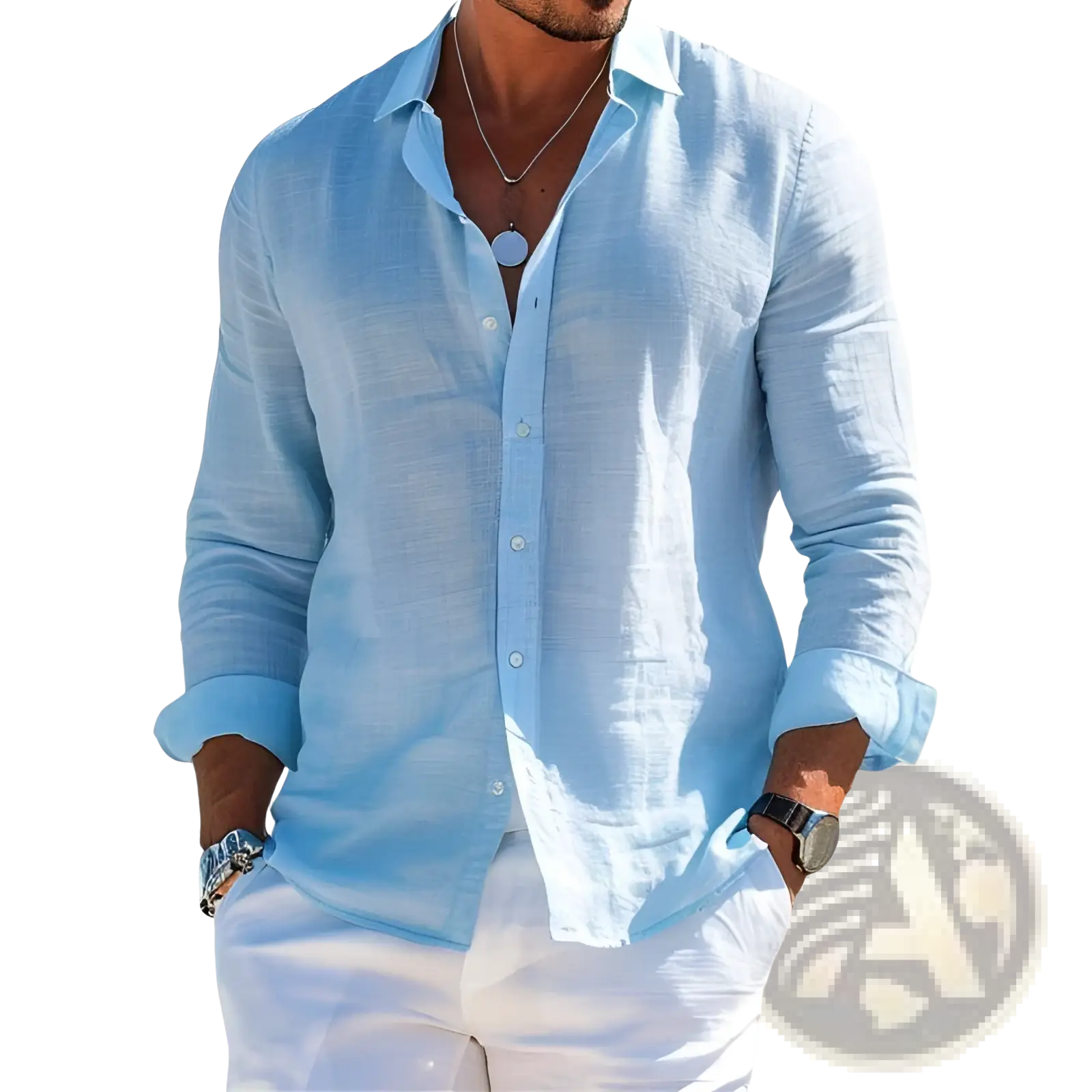 Men’s relaxed fit linen button down shirt in light blue with rolled-up sleeves for casual comfort