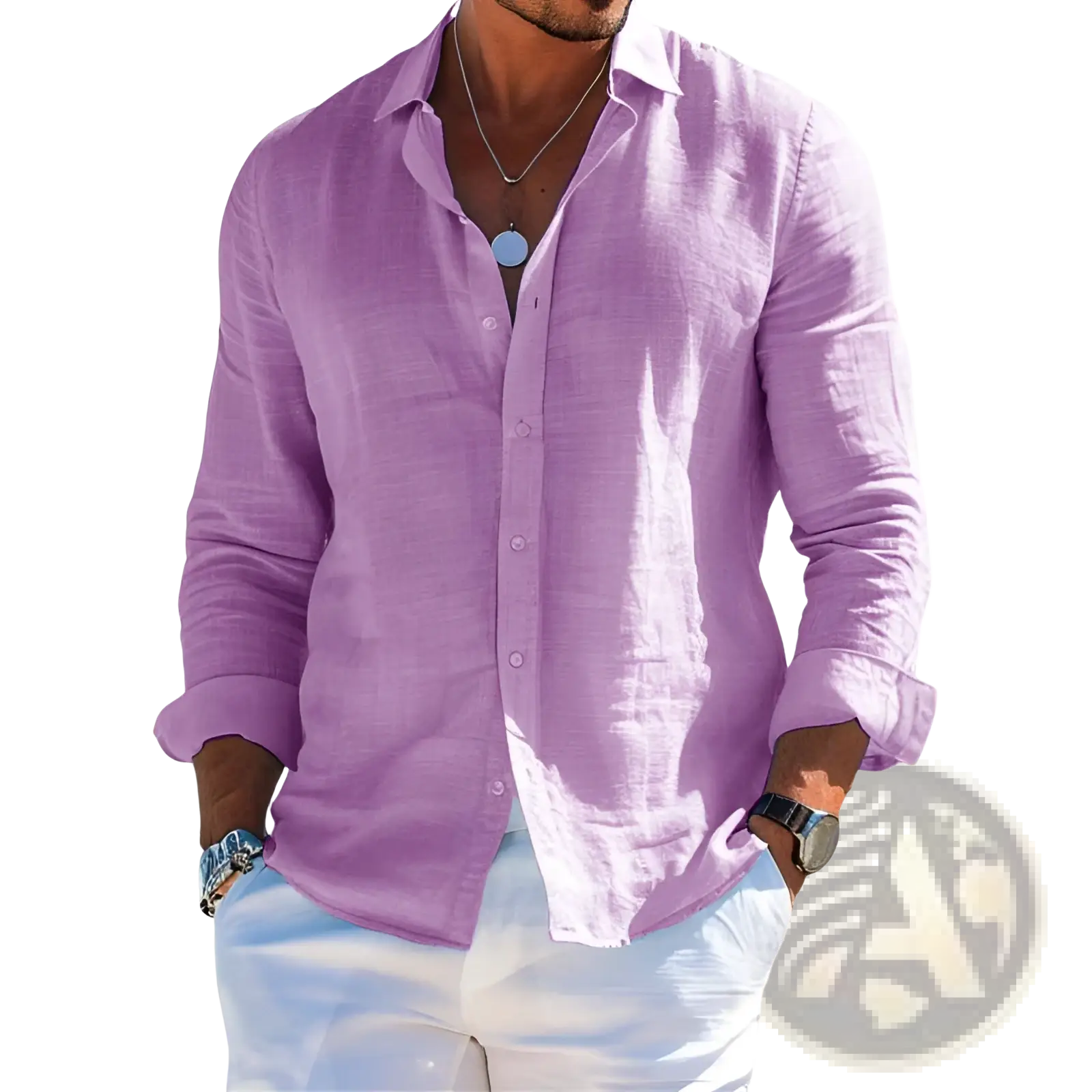Men’s relaxed fit light purple linen button down shirt with long sleeves, rolled cuffs, and a collar