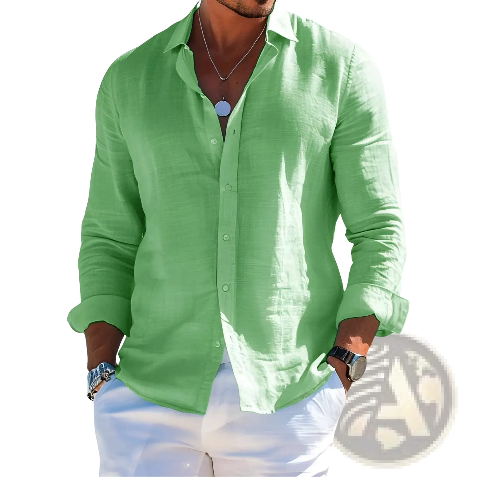 Men’s relaxed fit light green linen button down shirt with long sleeves and subtle texture in lightweight fabric
