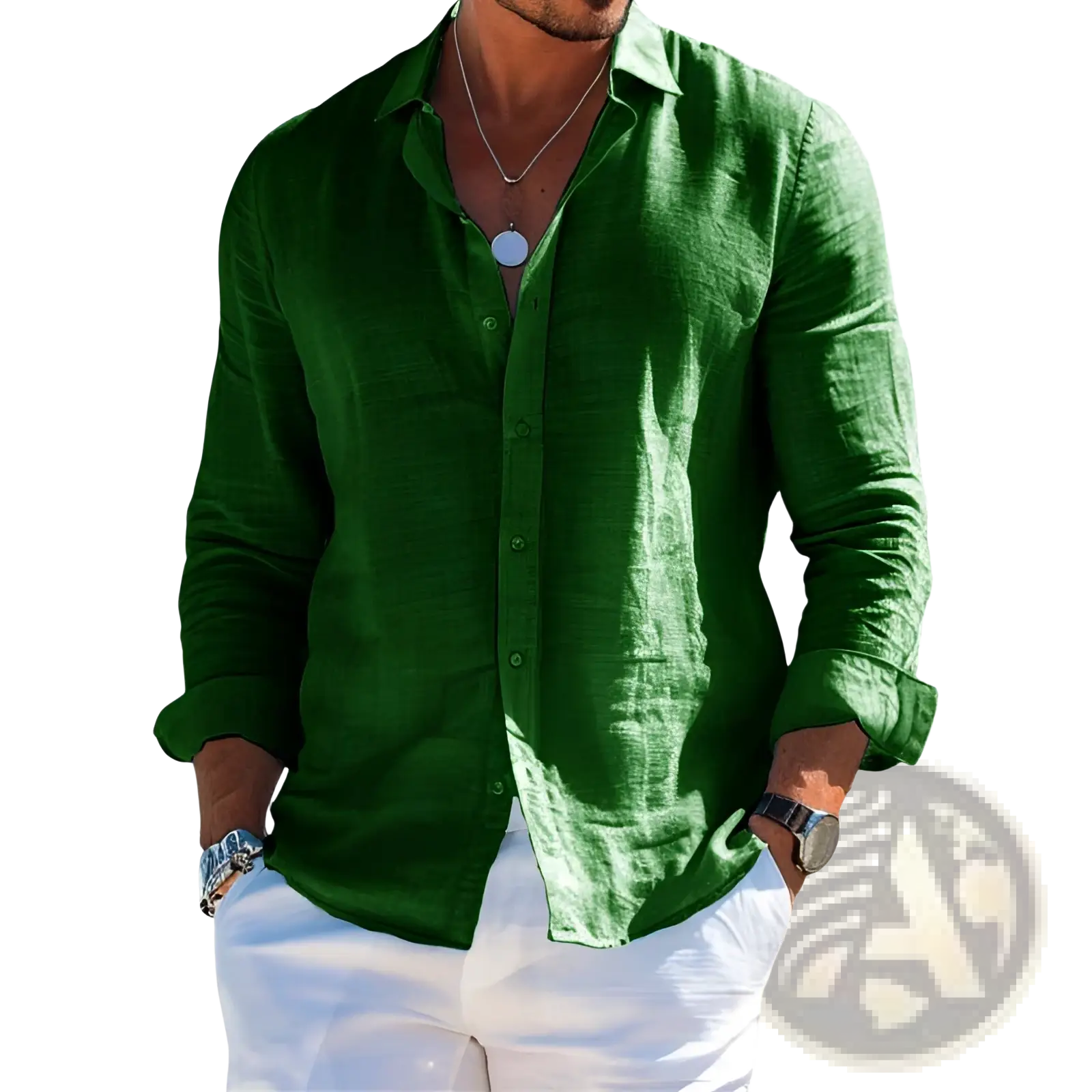 A man wearing a vibrant green men’s relaxed fit linen button down shirt with rolled cuffs made of lightweight fabric