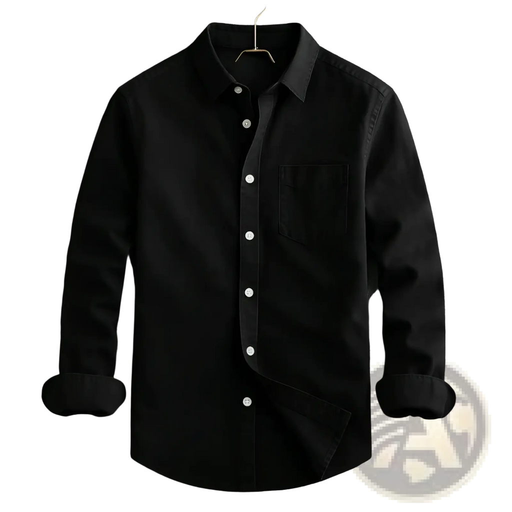 Men’s relaxed fit black long sleeve cotton linen shirt with white buttons and chest pocket hanging on hanger