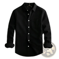 Men’s relaxed fit black long sleeve cotton linen shirt with white buttons and chest pocket hanging on hanger