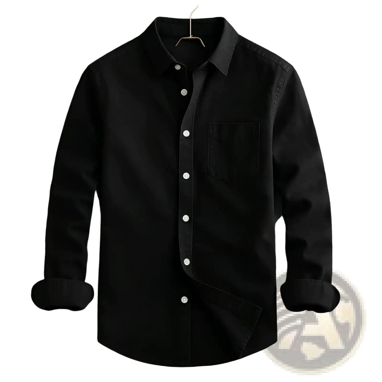 Men’s relaxed fit long sleeve black cotton linen shirt with white buttons and chest pocket on hanger