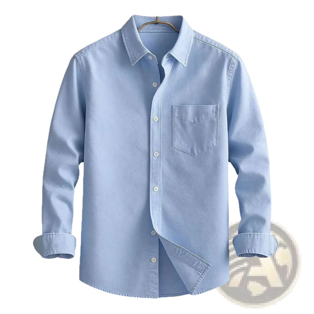 Men’s relaxed fit long sleeve cotton linen shirt in light blue with chest pocket and rolled cuffs