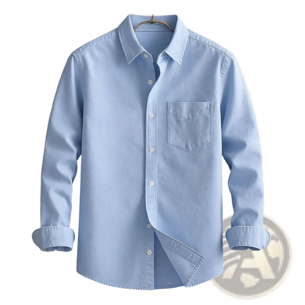 Men’s relaxed fit long sleeve cotton linen shirt in light blue with chest pocket and rolled-up cuffs