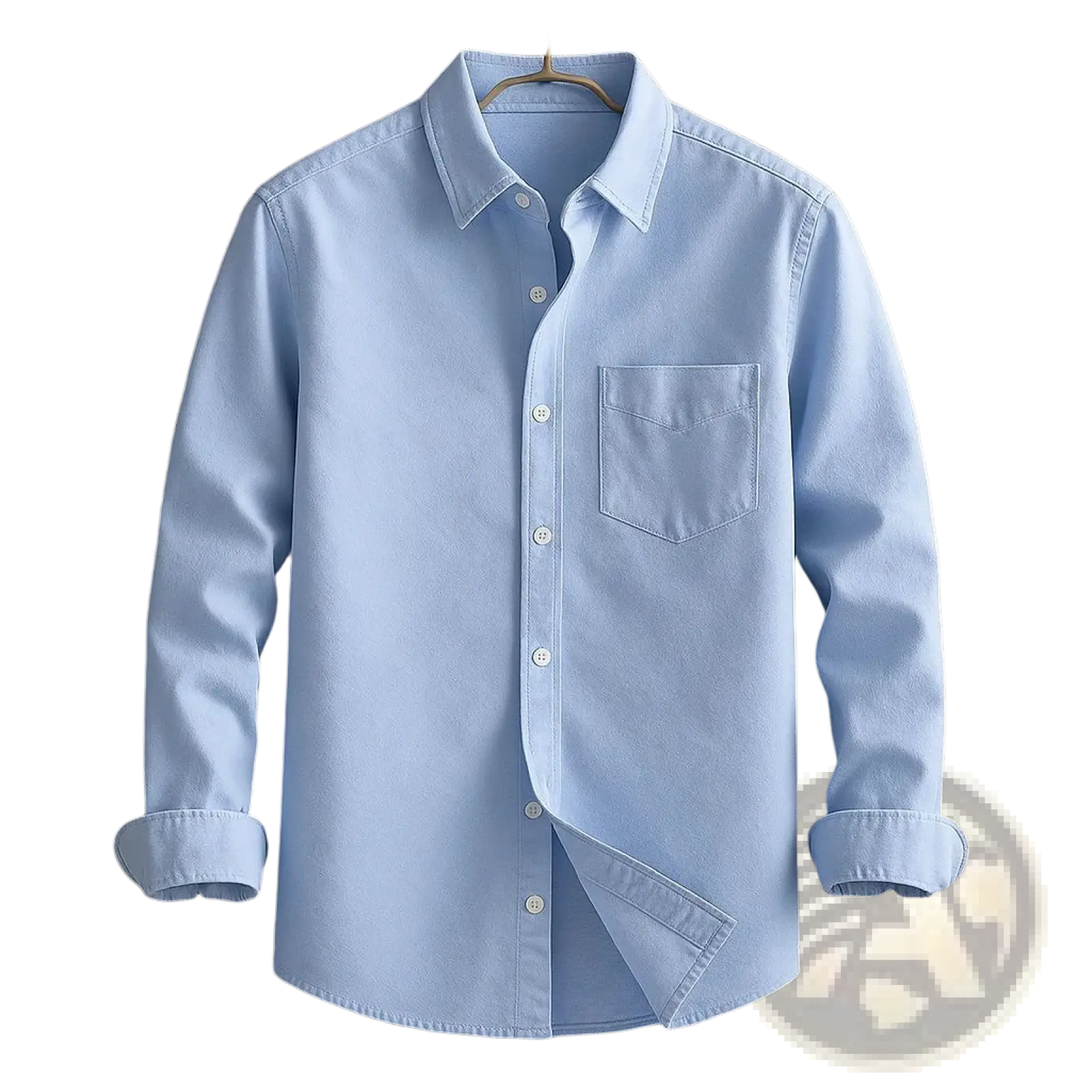 Men’s relaxed fit long sleeve cotton linen shirt in light blue with chest pocket and rolled-up cuffs