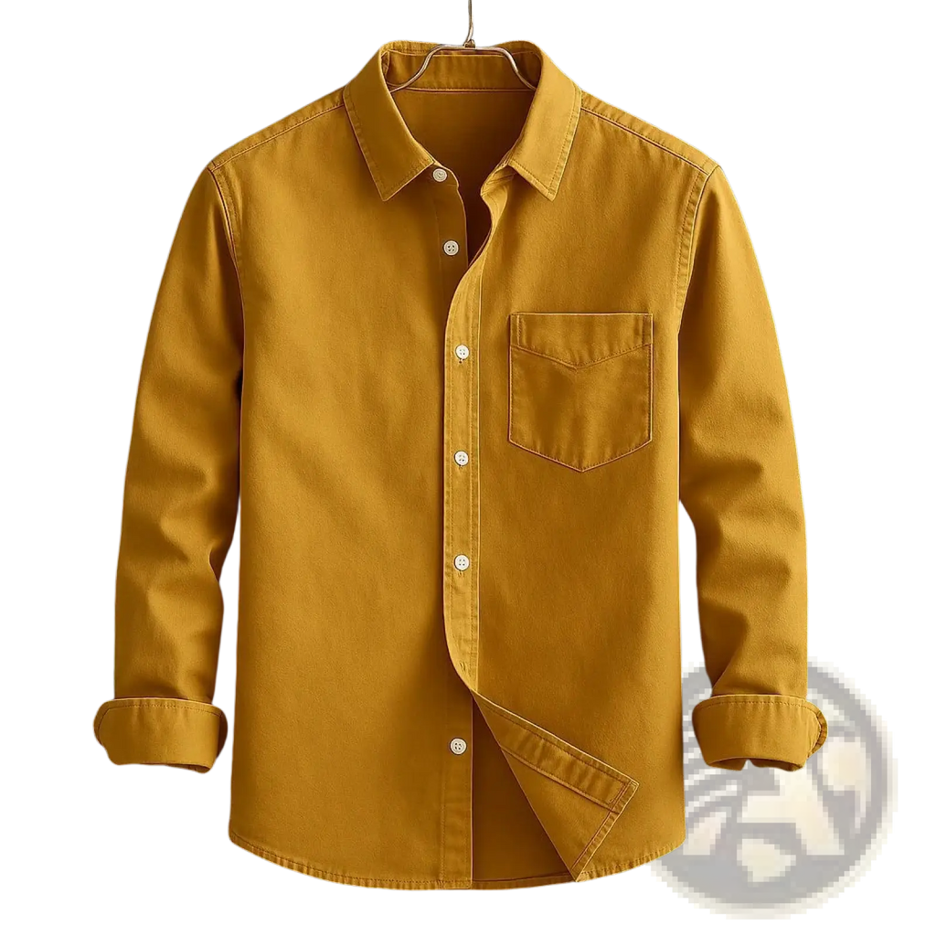 Men’s relaxed fit long sleeve cotton linen shirt in mustard yellow with classic collar chest pocket and rolled cuffs