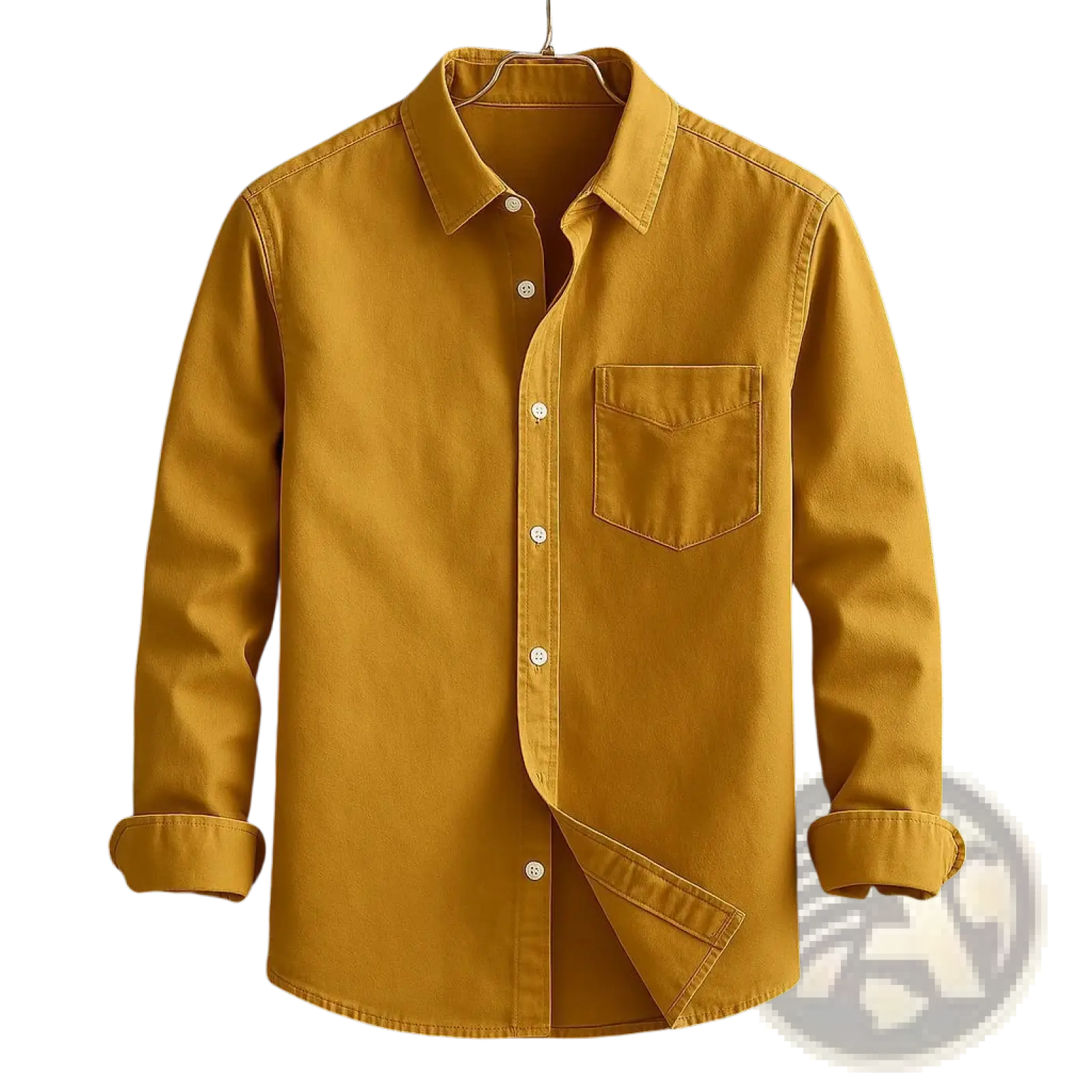 Men’s relaxed fit long sleeve cotton linen shirt in mustard yellow with classic collar chest pocket and rolled cuffs