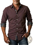 Men’s relaxed fit long sleeve maroon linen blend shirt with textured fabric and patterned cuffs for casual wear