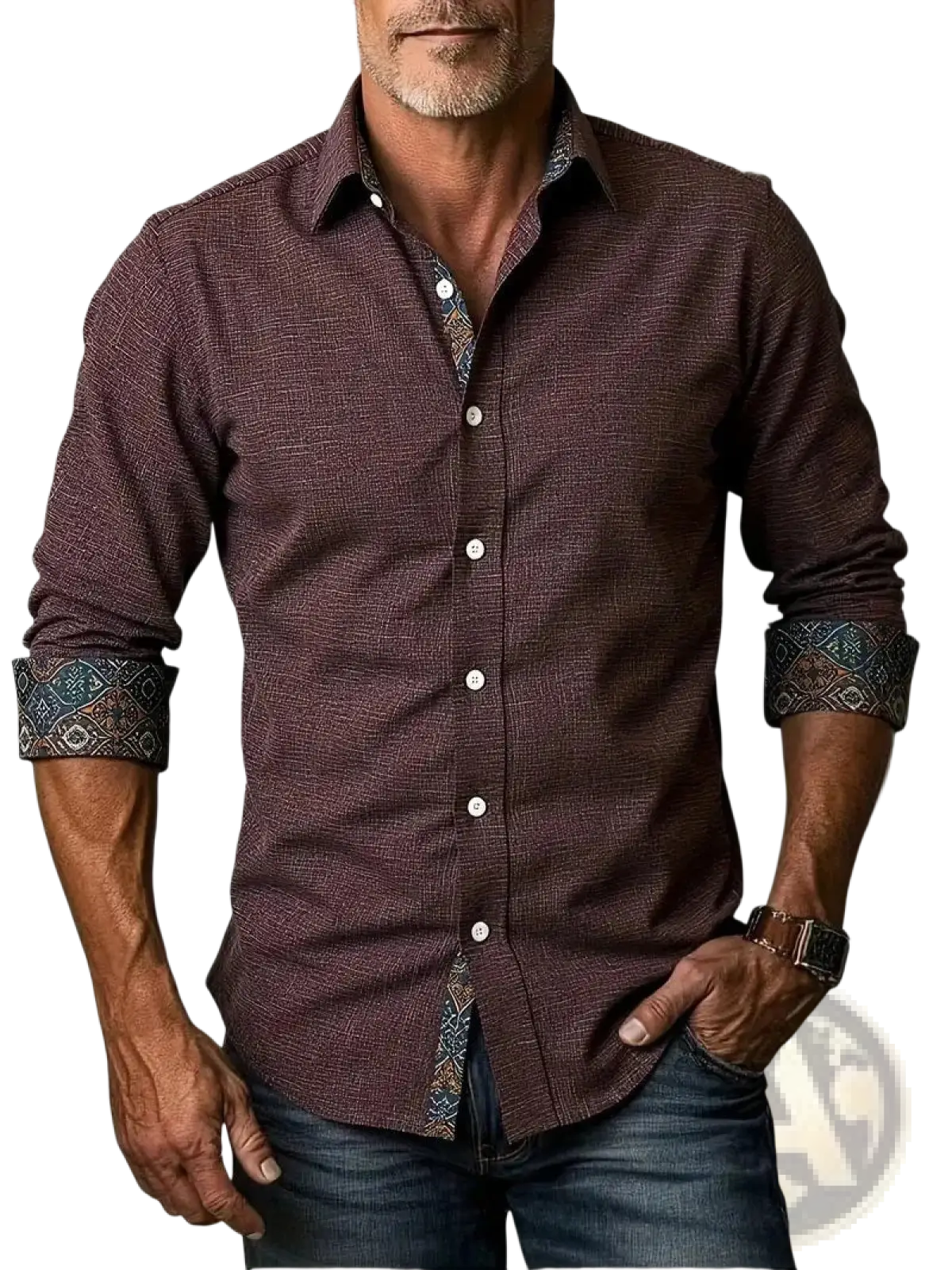 Men’s relaxed fit long sleeve maroon linen blend shirt with textured fabric and patterned cuffs for casual wear