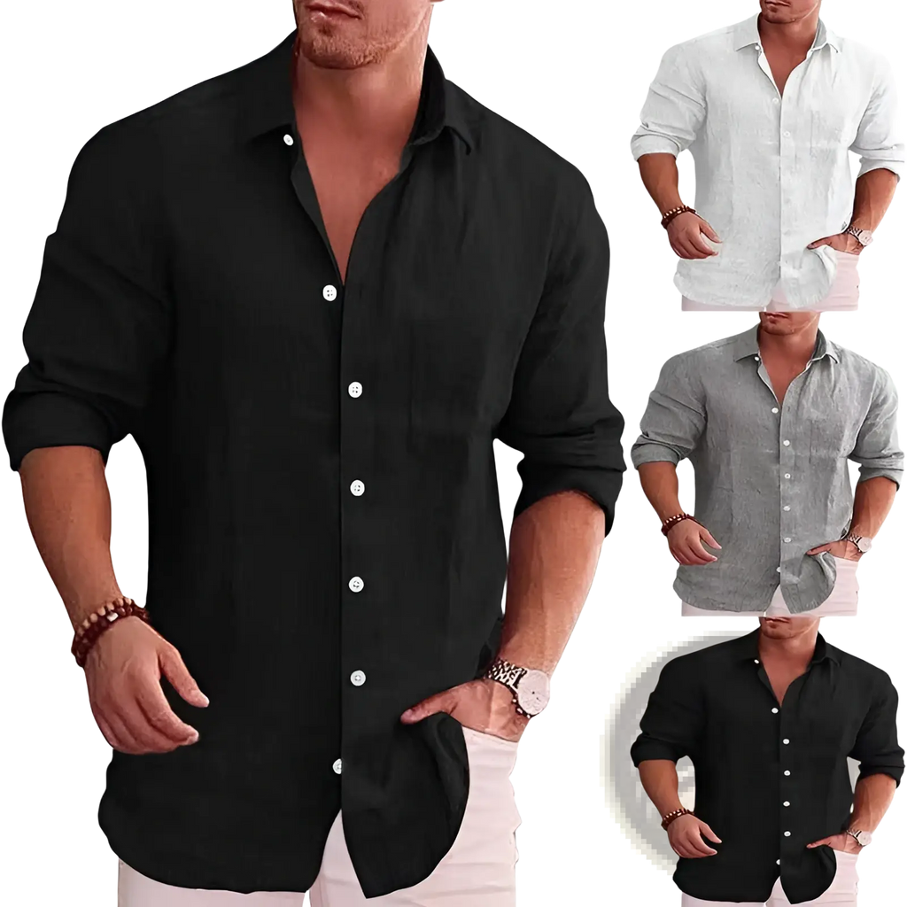 Men’s relaxed fit long sleeve black linen blend shirt with white buttons suitable for casual wear