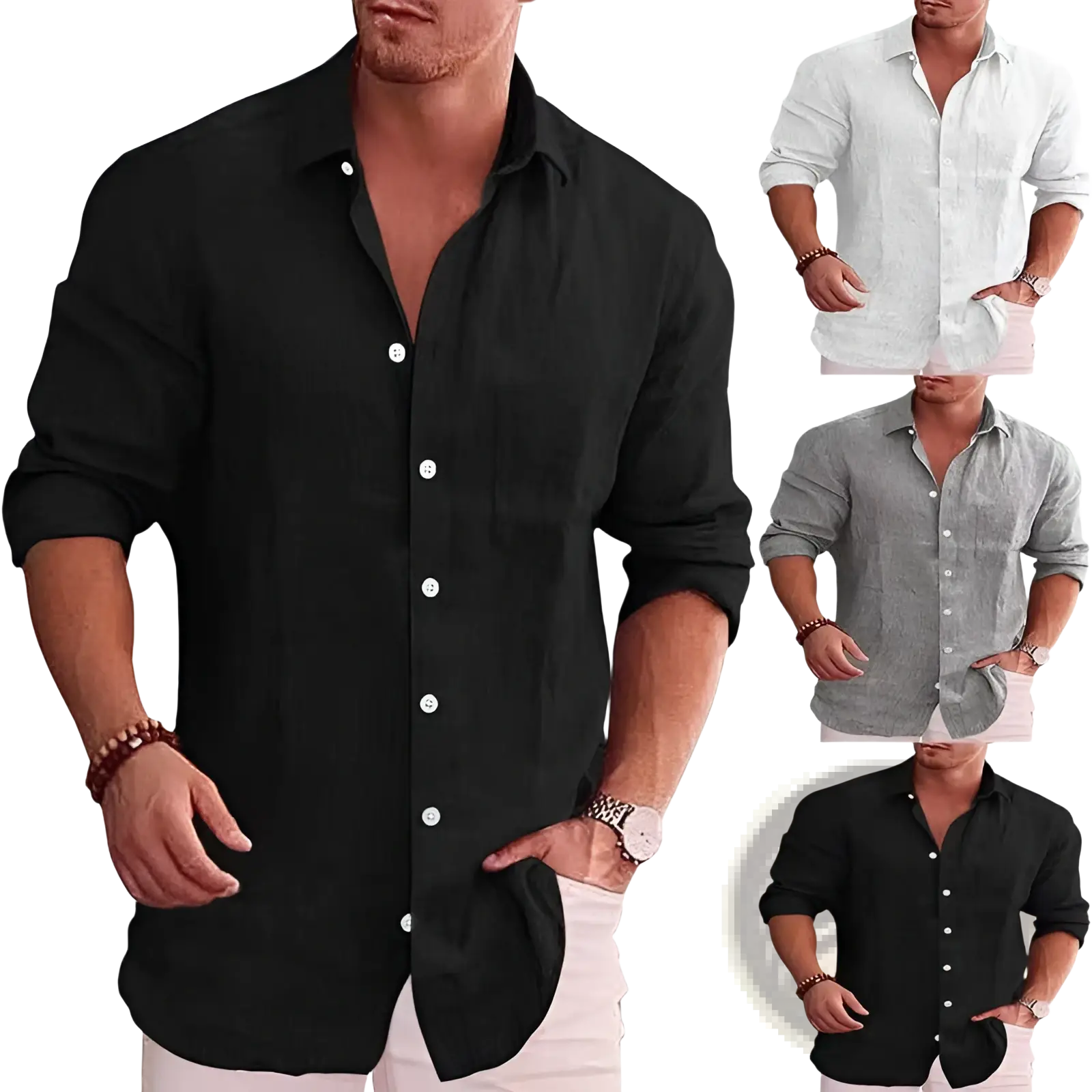 Men’s relaxed fit long sleeve black linen blend shirt with white buttons suitable for casual wear