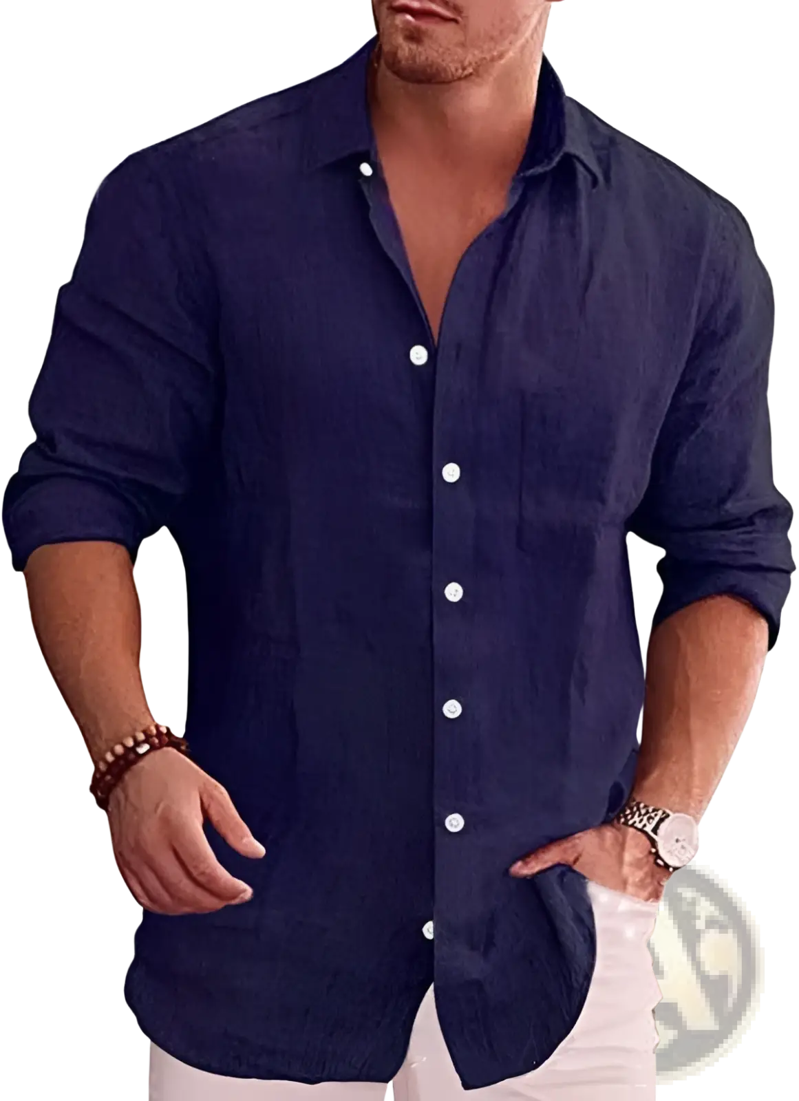 Navy blue men’s relaxed fit long sleeve button-down linen blend shirt with white buttons and chest pocket