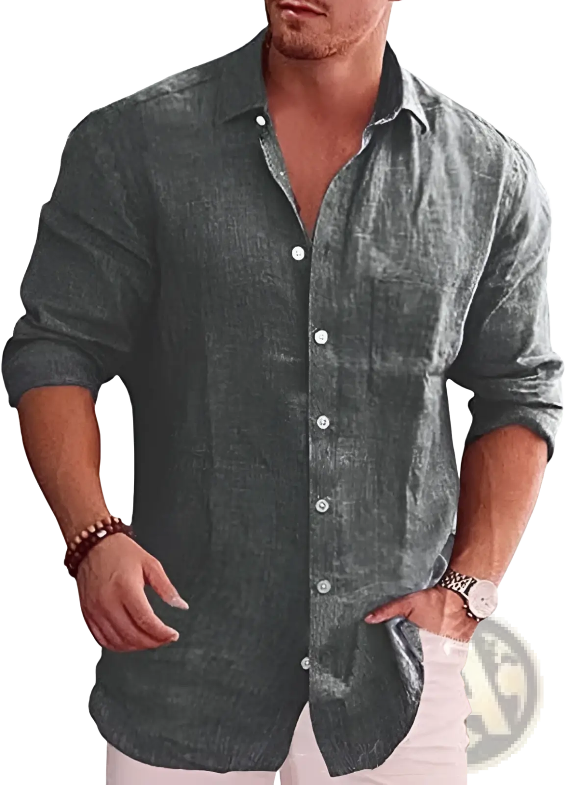 Men’s relaxed fit long sleeve dark gray linen blend shirt with subtle textured weave and rolled-up sleeves