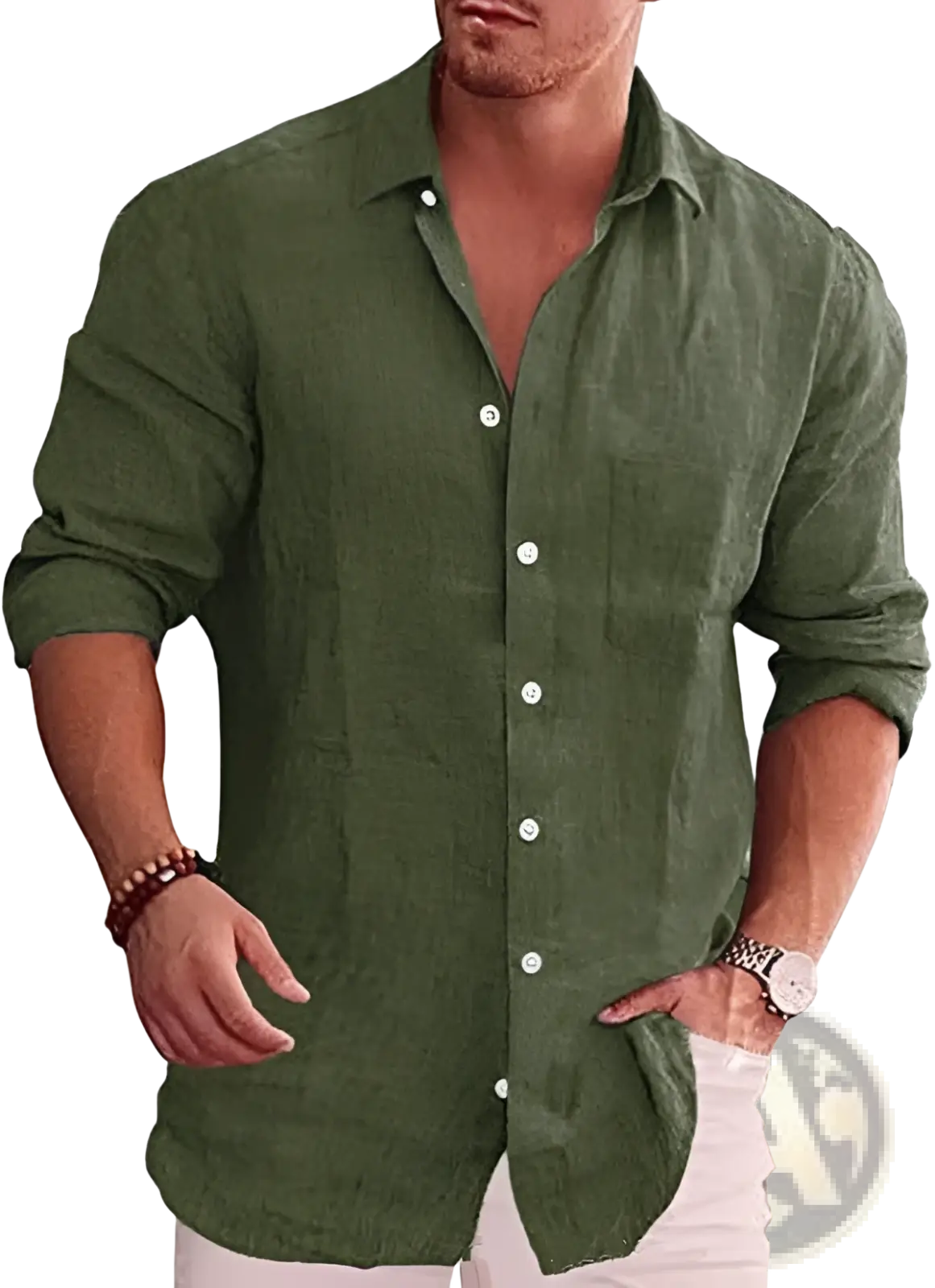 Men’s relaxed fit long sleeve olive green linen blend casual shirt with white buttons and rolled-up sleeves