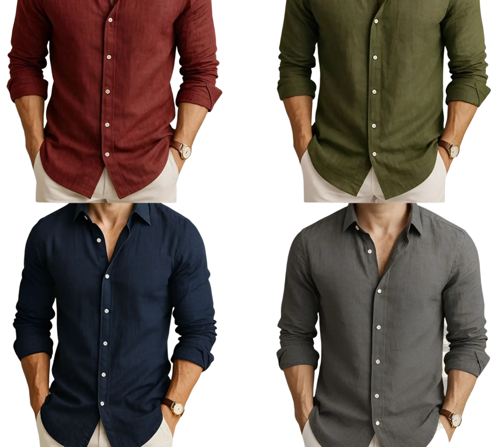 Men’s relaxed fit long sleeve linen blend casual shirts in maroon olive green navy blue and gray displayed front view