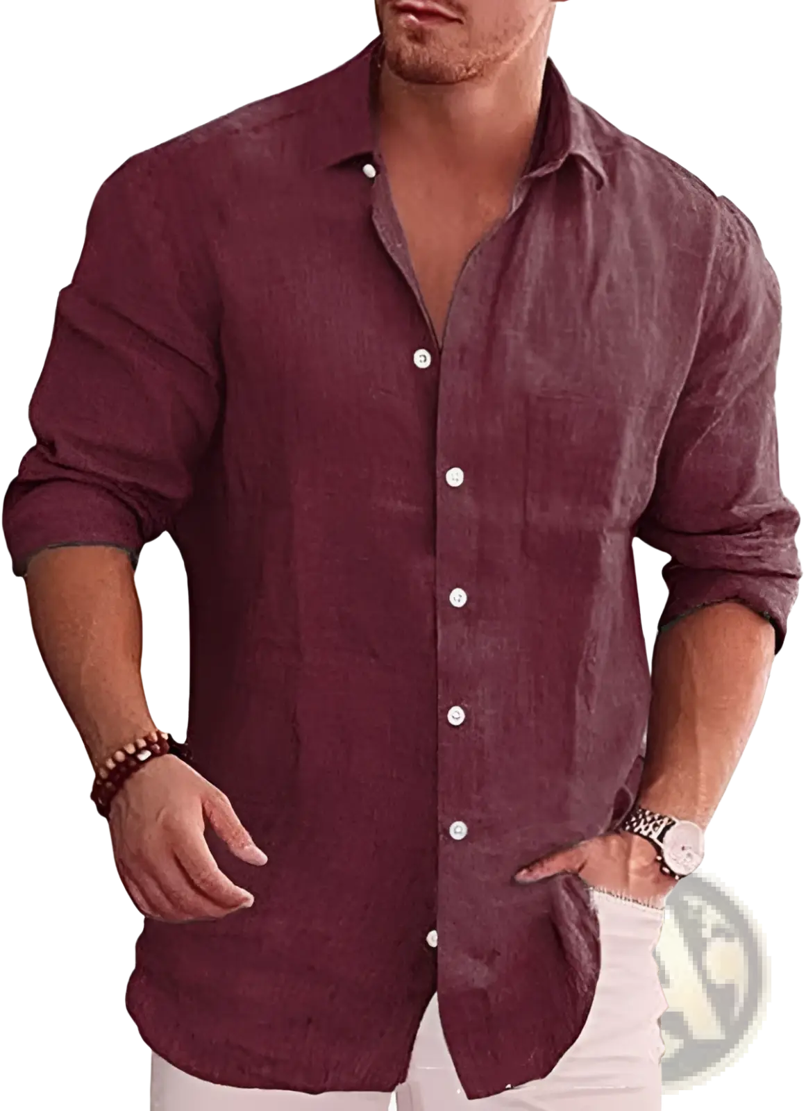 Men’s relaxed fit long sleeve maroon linen blend casual shirt with rolled sleeves and chest pocket