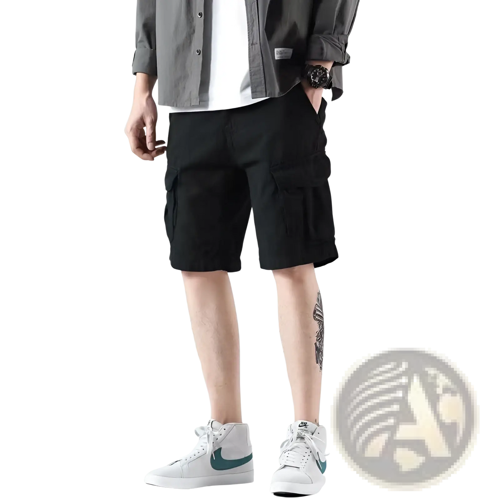 Men’s relaxed fit black cargo shorts featuring multiple pockets designed for casual and outdoor wear