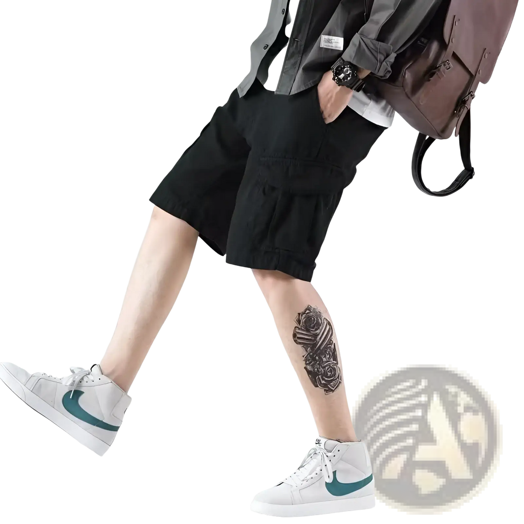 Men’s relaxed fit black cargo shorts with multiple pockets designed for comfort and utility in casual wear