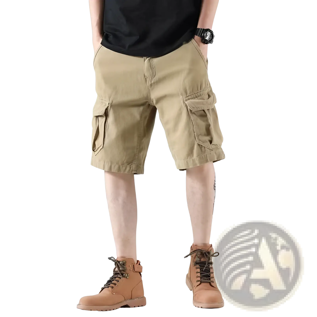 Men’s relaxed fit khaki cargo shorts with multiple flap pockets designed for casual outdoor use
