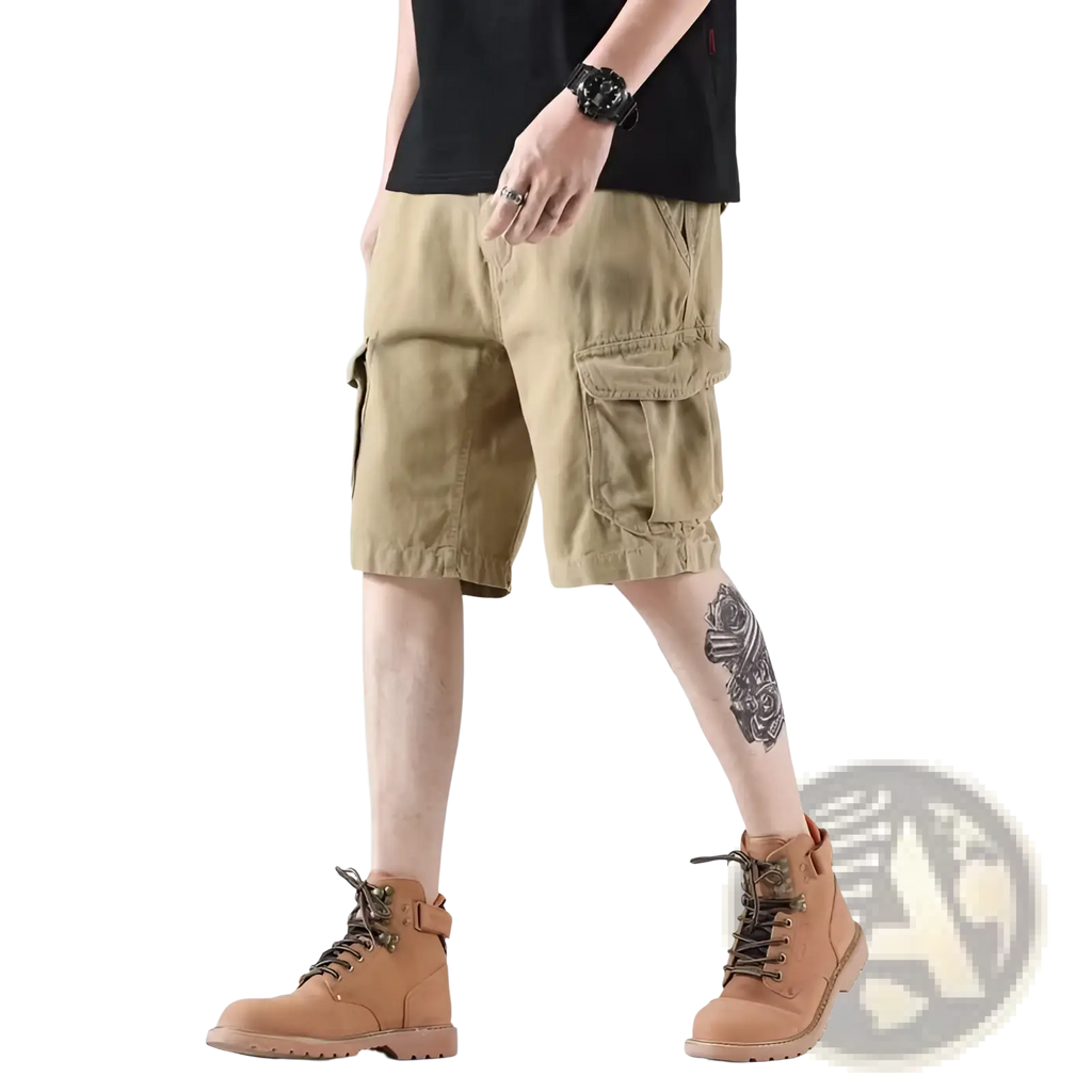 Men’s relaxed fit khaki cargo shorts with multiple pockets designed for comfort and practical use