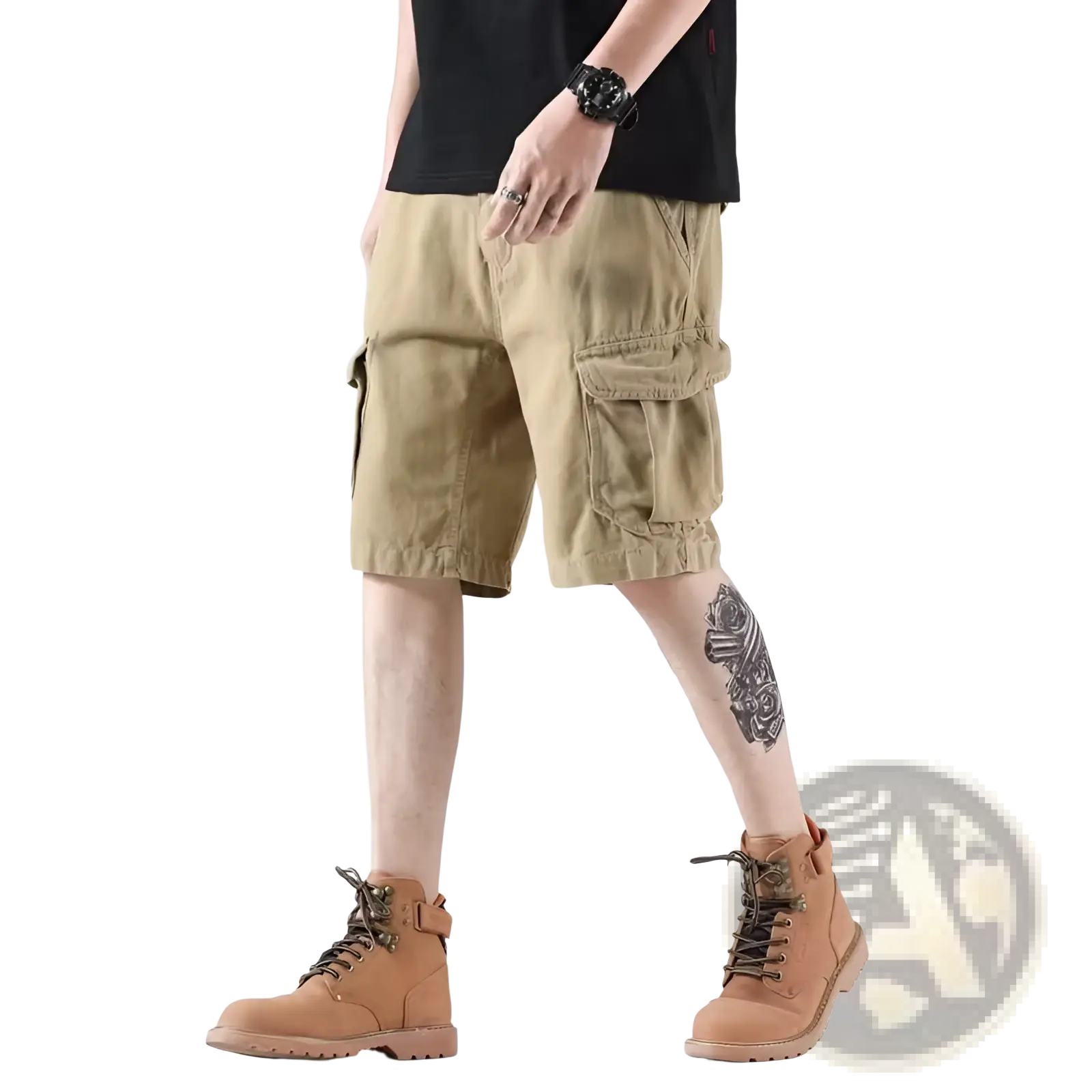 Men’s relaxed fit khaki cargo shorts with multiple pockets designed for comfort and practical use