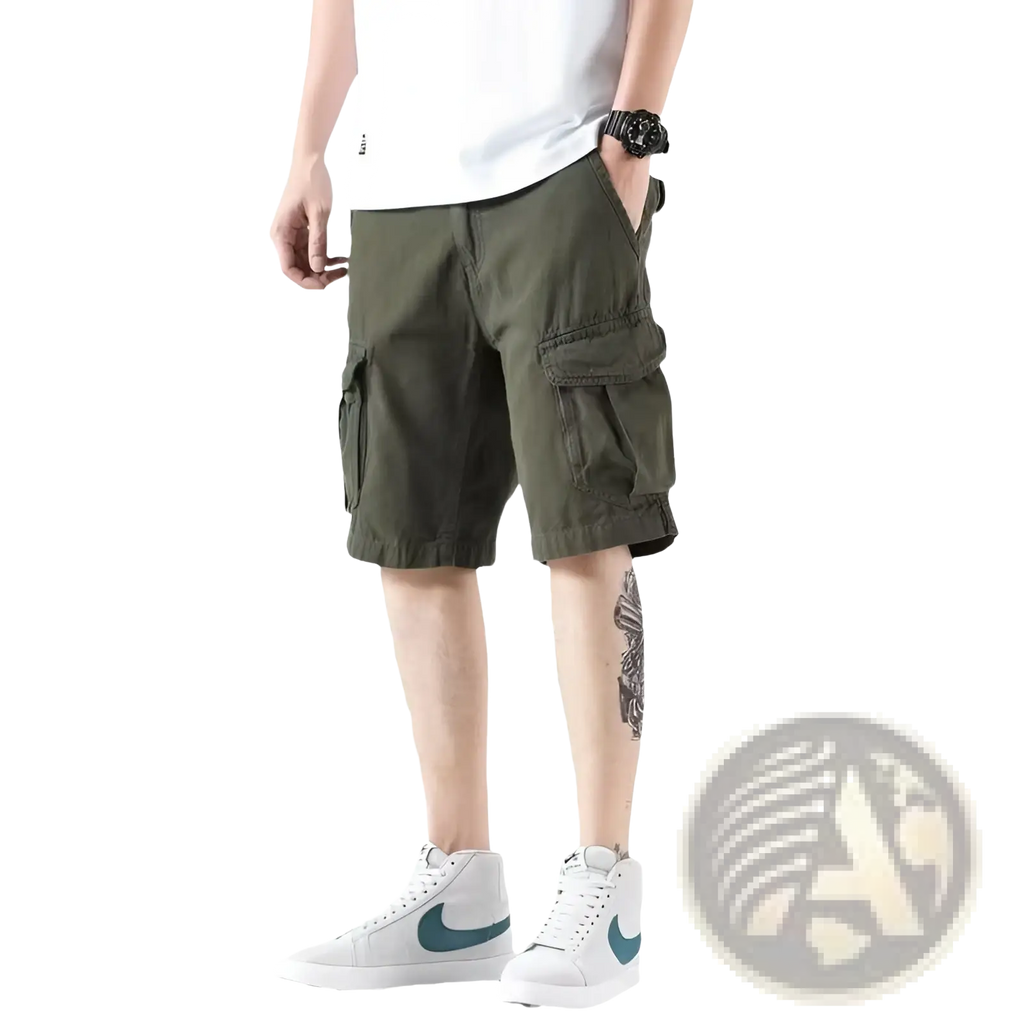 Men’s olive green cargo shorts with multiple pockets and a relaxed fit made from durable fabric for casual wear
