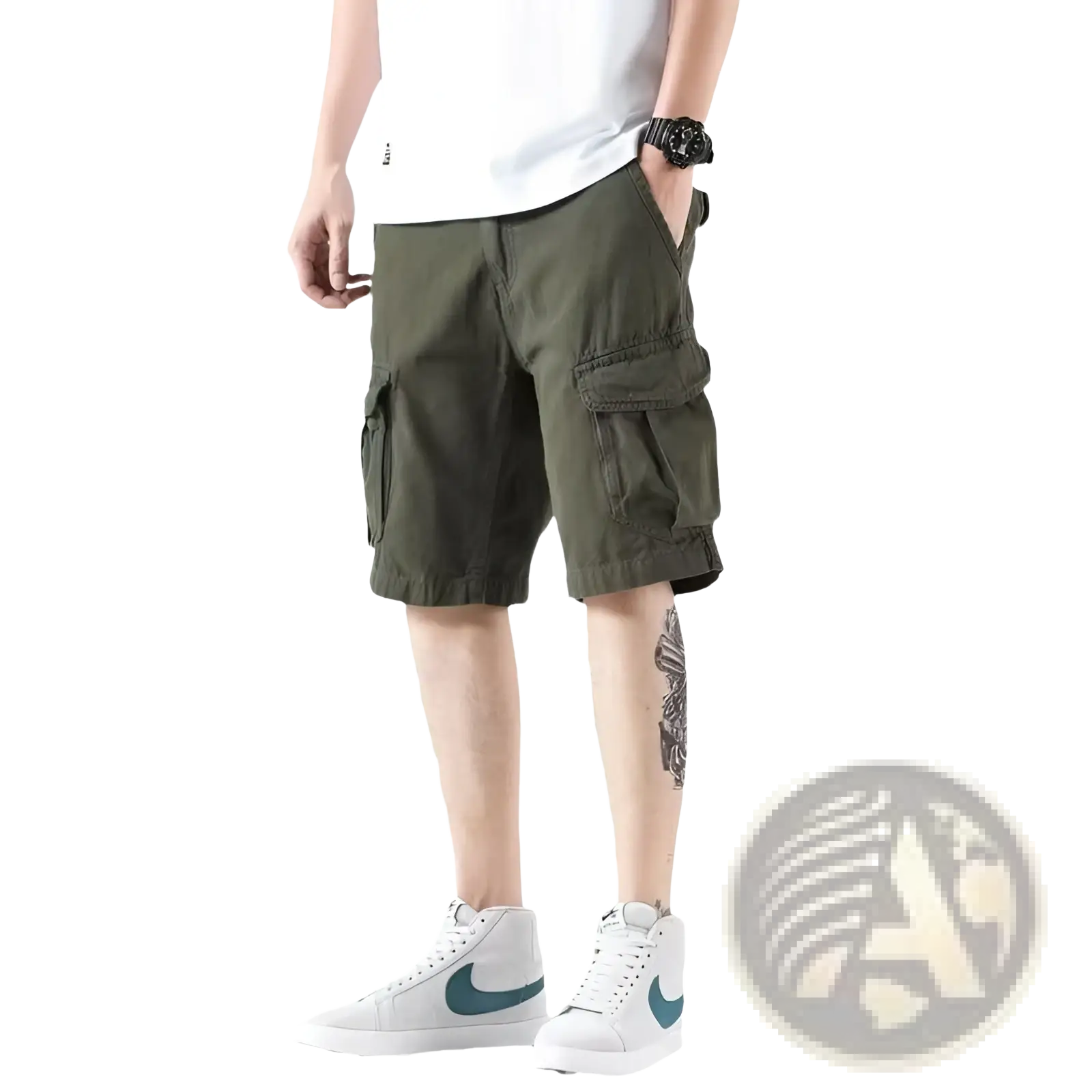 Men’s olive green cargo shorts with multiple pockets and a relaxed fit made from durable fabric for casual wear
