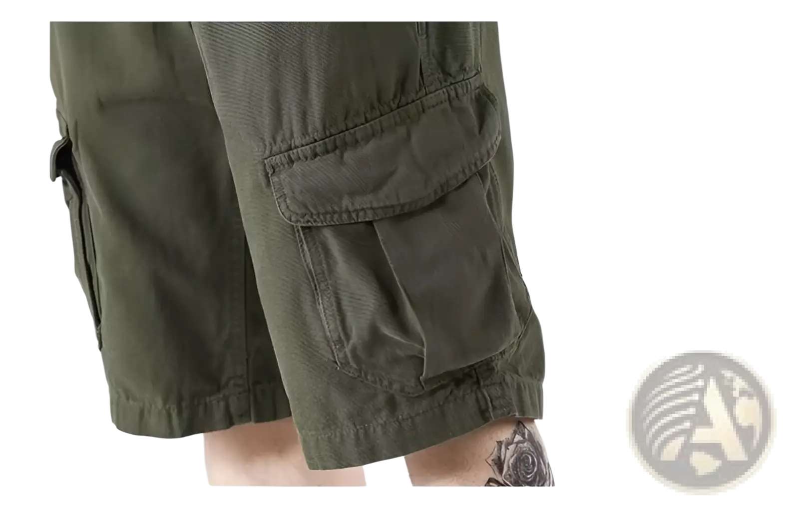 Men’s olive green relaxed fit cargo shorts with multiple pockets and a utilitarian design for versatile use