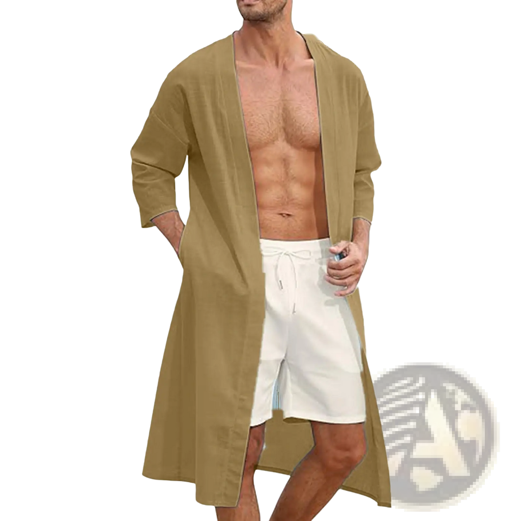Men’s relaxed fit open front kimono cardigan in olive green with three quarter sleeves and loose fit design
