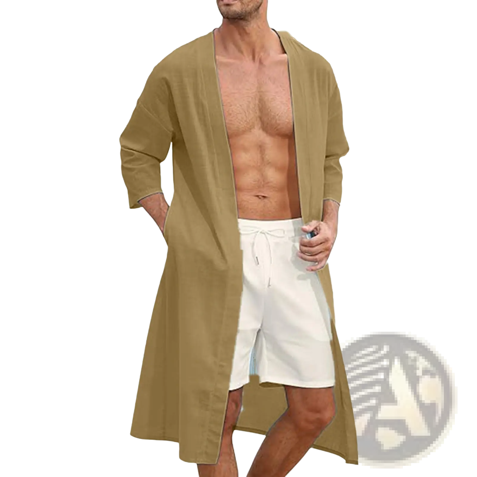 Men’s relaxed fit open front kimono cardigan in olive green with three quarter sleeves and loose fit design