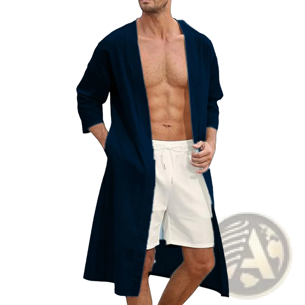 Men’s navy blue long-sleeved relaxed fit kimono cardigan with open front made from soft breathable fabric