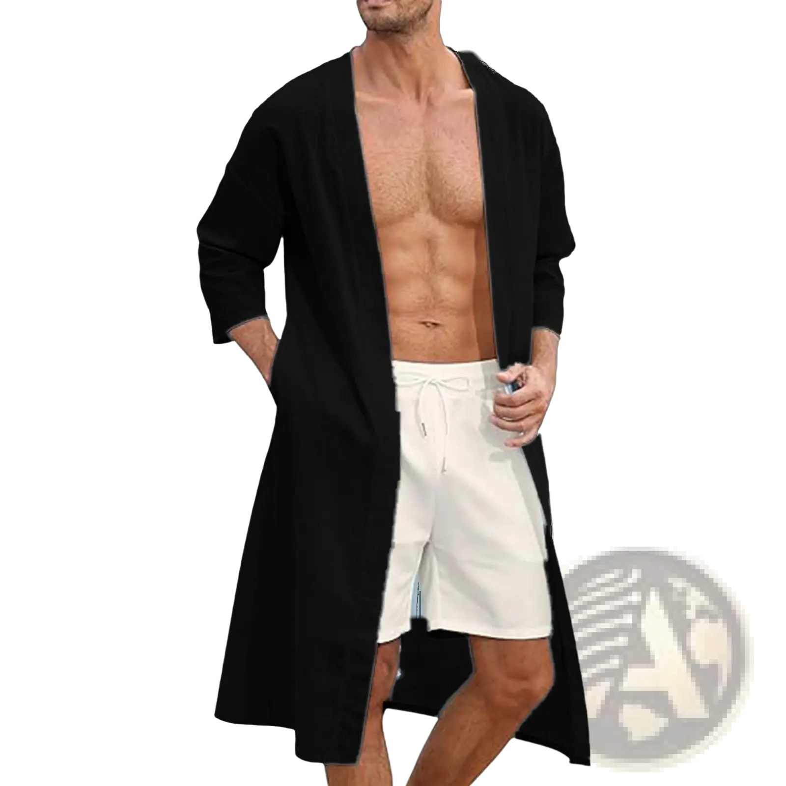 Men’s relaxed fit open front kimono cardigan in black with long sleeves and subtle textured fabric for casual wear