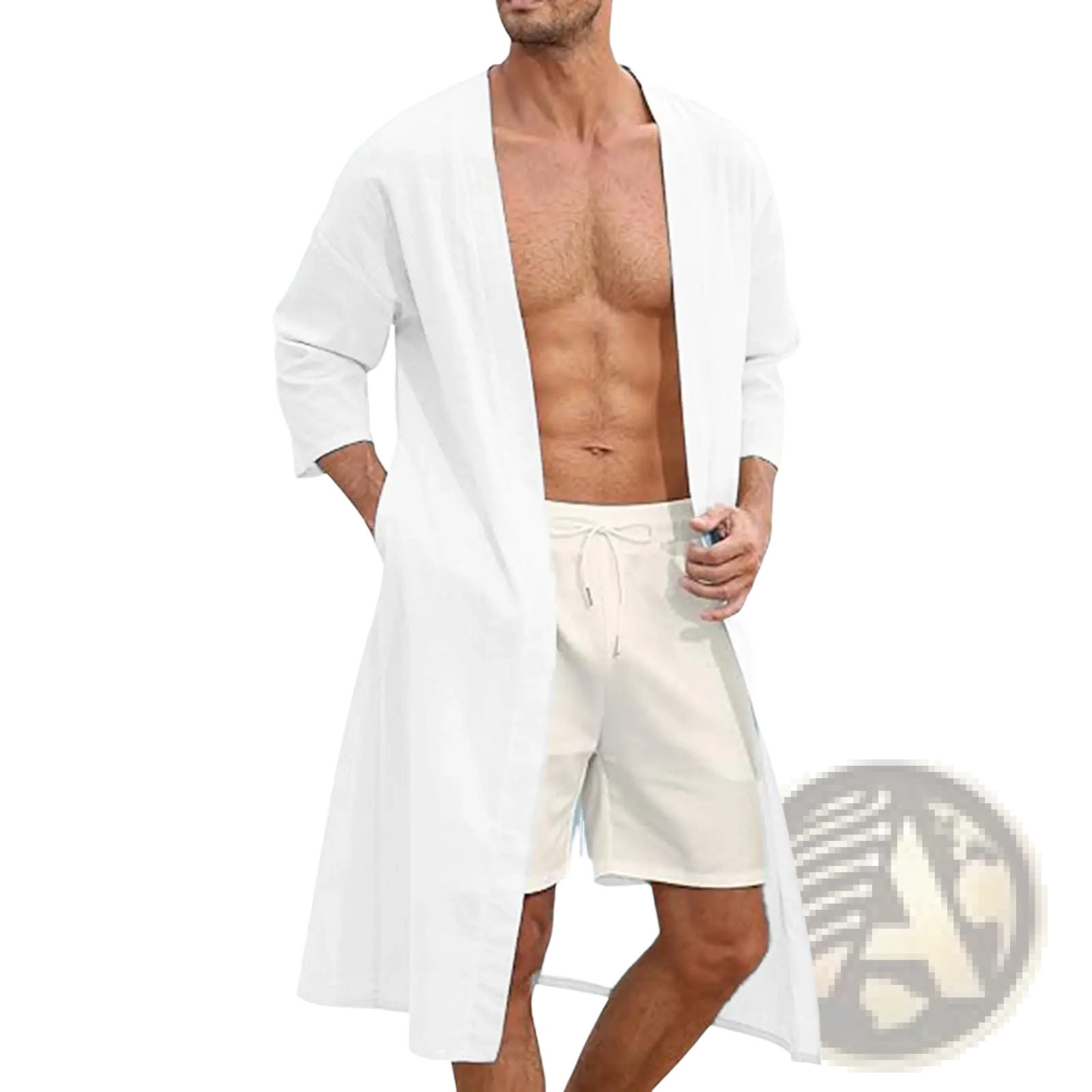 Men’s relaxed fit open front kimono cardigan in white lightweight fabric with long sleeves and a relaxed fit