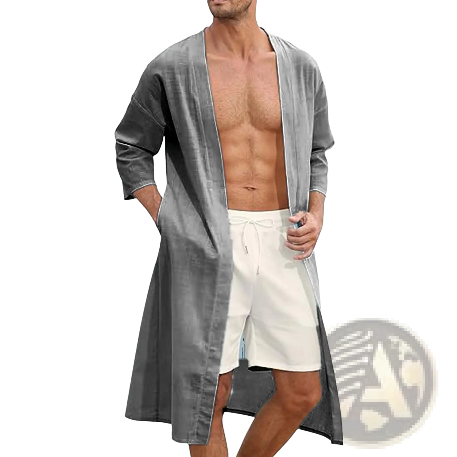 Men’s relaxed fit open front kimono cardigan in sleek gray velvet with long sleeves and a relaxed fit